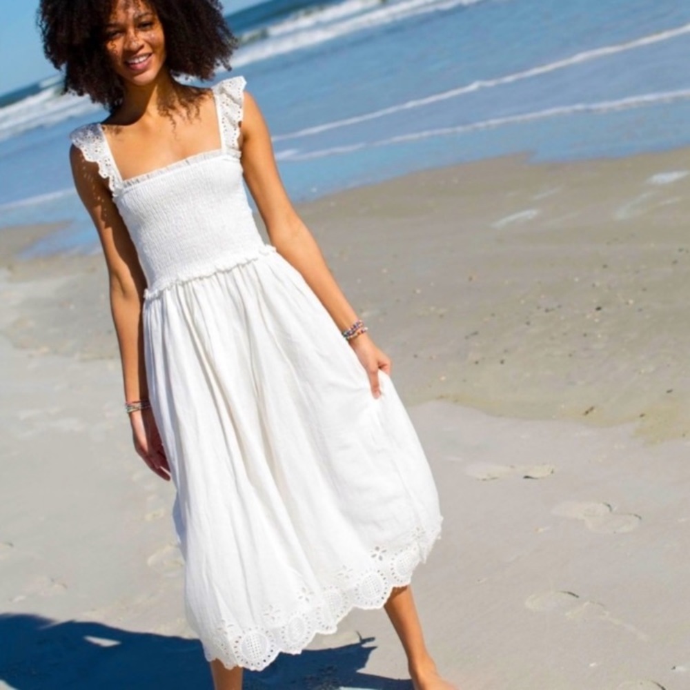Natural Life Boho Bohemian White eyelet smocked Cotton Beach Dress L/XL
